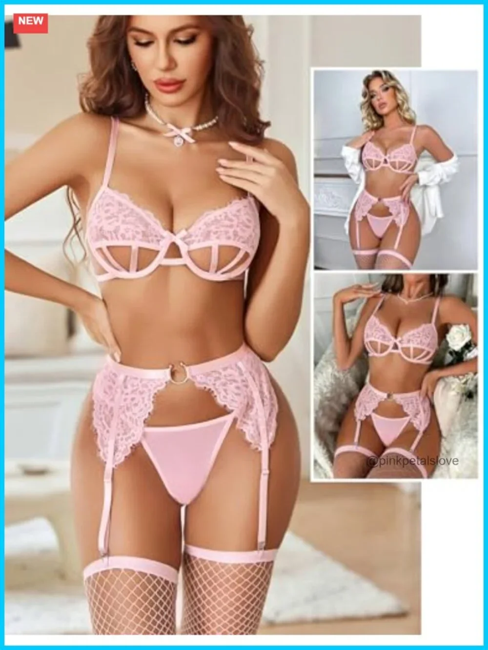 Underwire Lingerie Set with Stockings - Cut Out Bra and Panty Matching 4 Piece